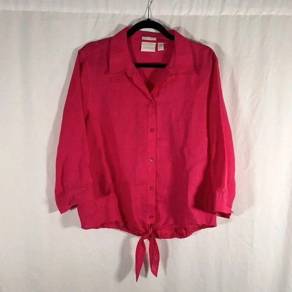 Chico's Linen Blouse Women's XL Pink Button Up Long Sleeve Non-Iron Tie - Picture 1 of 10